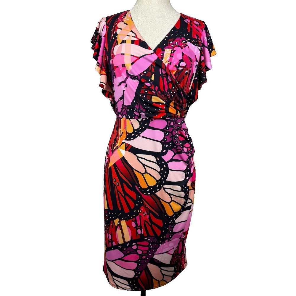 Joseph Ribkoff Butterfly Print Dress Women 8 Pink Orange Wrap Faux Sheath Office